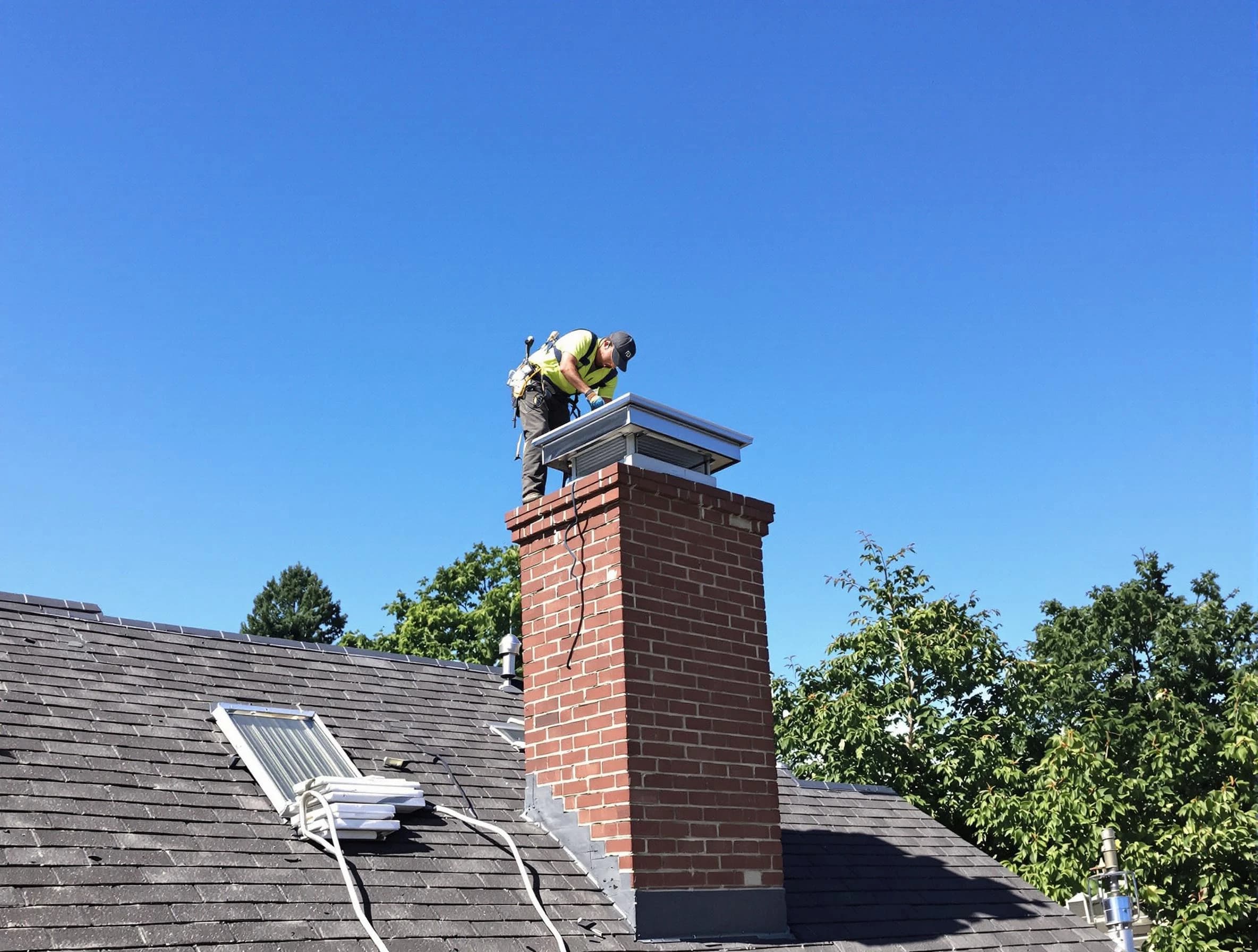 Monroe Chimney Sweep technician measuring a chimney cap in Monroe, NJ